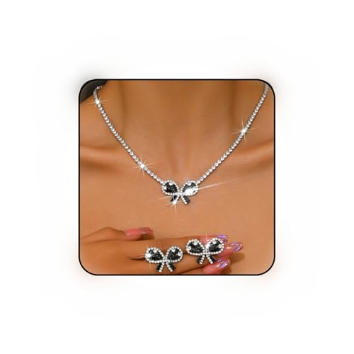 Janiasly Gorgeous Crystal Bow Jewelry Set Rhinestone Tennis Chain Necklace and Stud Earrings Vintage crystal Bow Knot Pendant Choker Necklace Bridal Wedding Accessories for Women (Black)