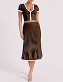 Tanming Women's Two Piece Skirt Set Casual Short Sleeve Crop Top Ribbed Knit Midi Pleated Skirt(Brown-XS)