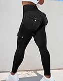 Flamingals Butt Lifting Leggings with Flap Pockets Workout Cargo Leggings for Women Black S