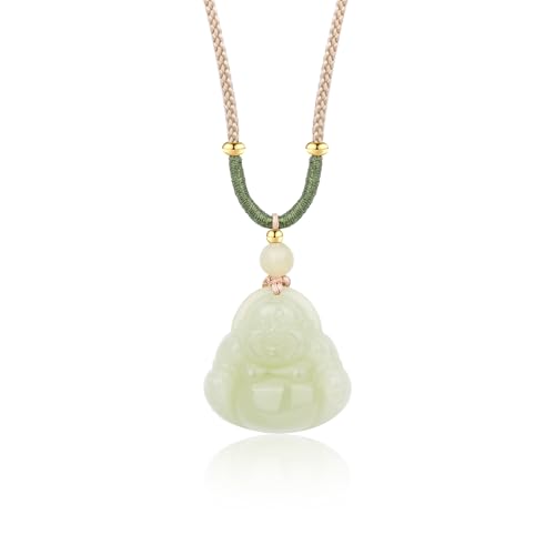 Natural Hetian Jade Happy Laughing Buddha Pendant Necklace for Women, Green Vintage Lucky Buddha Necklace Jewelry Gift Green Jade necklace Jewelry for Women Men