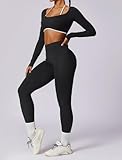 AGYMNX Workout Sets for Women 2 Piece Outfits Seamless High Waist Leggings Yoga Long Sleeve Crop Tops Athletic Gym Sets Black XL