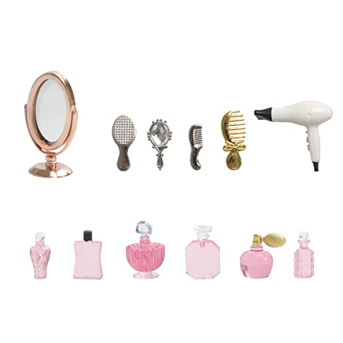 1/12 Scale Miniature Bathroom Accessories Kit Mini Plastic Hair Dryer Brush Comb Mirror Perfume Bottles Set for Mini House Bedroom Decoration,Set A