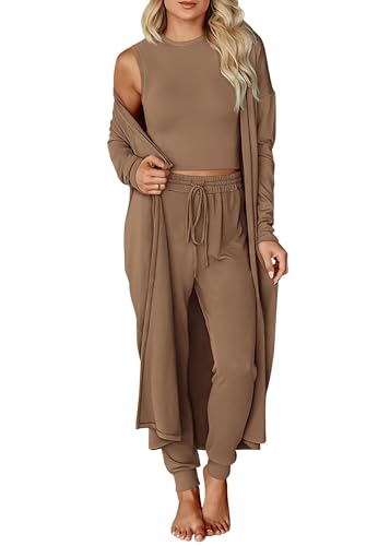 KIRUNDO 3 Piece Lounge Sets for Women Airplane Travel Outfits Casual Cardigan Sleeveless Top Pants Sets Matching Clothing(Khaki, Large)