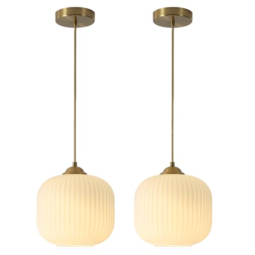 KCO Lighting Mid Century Modern Gold White Pendant Light Milk Glass Globe Pendant Lights Kitchen Island Antique Brass Pendant Light Vintage Hanging Light Fixture for Dining Room Living Room (2-Pack)