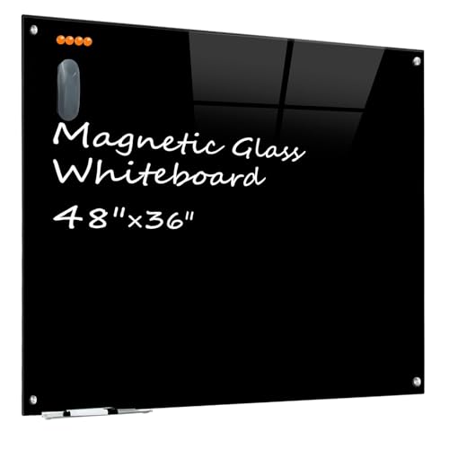 KIZZBY Black Glass Dry Erase Board - Magnetic Blackboard for Wall, 48"x36" Large Frameless Black Whiteboard for Office, Home & School