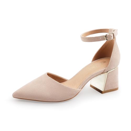 BCTEX COLL Womens Pointed Toe Pumps Shoes Ankle Strap Chunky Low Heels Metal Lined Sandals Designed for Women Nude Suede, Size7