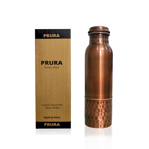 PRURA Hammered Curved Copper Water Bottle 32 oz - Seamless Leak Proof Joint Less Water Bottle for Ayurvedic Benefits
