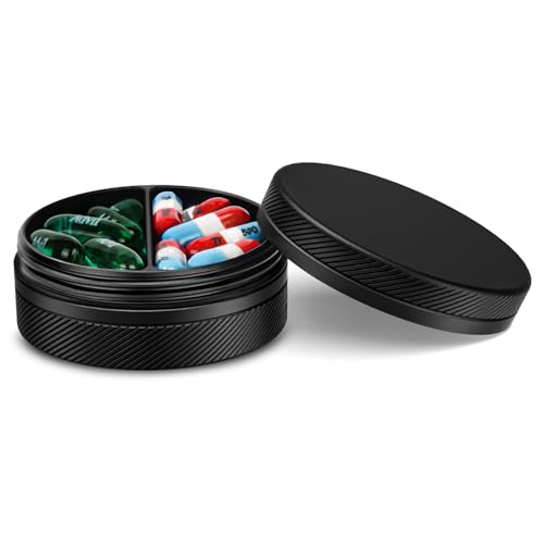 Aufew Small Metal Pill Case, 2 Compartment Travel Pill Organizer for Purse, Pocket Pharmacy, Daily Medicine Container for AM PM Pills, Vitamins, Supplements - Black