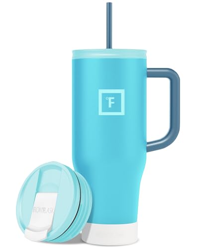 IRON °FLASK Co-Pilot Insulated Mug w/Boot, Straw & Flip Cap Lids - Cup Holder Bottle for Hot, Cold Drink - Leak-Proof - Water, Coffee Portable Travel Mug - Azure Mist, 40 Oz