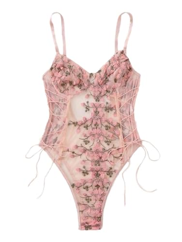 Lilosy Women Sexy Lace Up Floral Embroidered Teddy Babydoll Lingerie Bodysuit Top Mesh Sheer One Piece See Through Pink X-Large