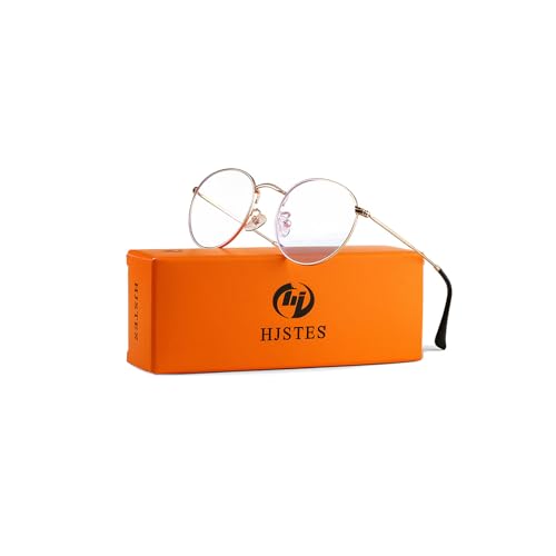 HJSTES Round Blue Light Glasses for Women Men Retro Circle Clear Lens Metal Frame Eyeglasses (Gold)