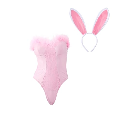 MelangCos Elle Woods Bunny Costume Women Sexy Pink Bunny Bodysuit with Ear Headband Halloween Outfit (Pink, S)