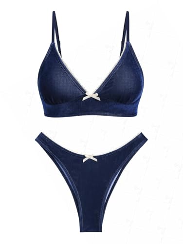 seamoly Vintage Bowknot Lace Decor Velvet Triangle Bikini Set,Deep Blue,M