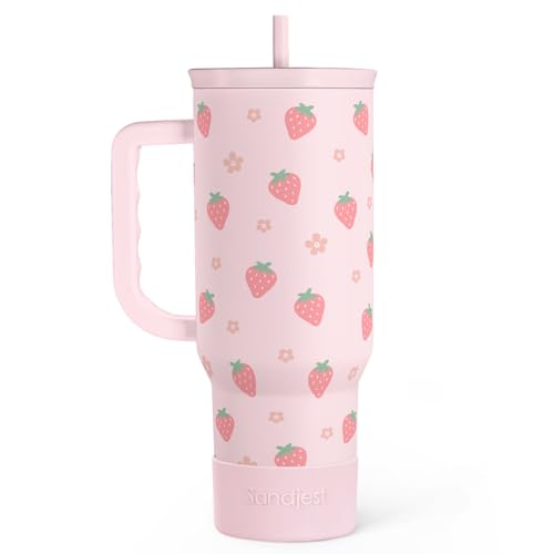 SANDJEST Strawberry Tumbler with Handle 40oz – Insulated Stainless Steel Travel Coffee Mug Cup for Girls Women, Gift for Christmas, Birthday