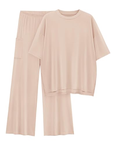 KIRUNDO Comfy Sets for Women Clothing Summer Outfits Casual Short Sleeve Relaxed Fit Tops with Pants Pjs Airport Outfits Resort Wear 2025(Beige, Medium)