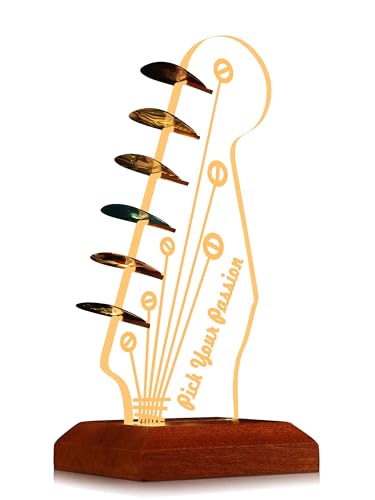 Light Up Guitar Pick Holder - Electric Guitar Headstock Shaped Acrylic & Wooden USB Powered Display Case - Guitar Accessories Gift for Players/Men (Picks Storage Organizer)