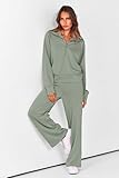 PRETTYGARDEN Women's 2 Piece Outfits Casual Lapel Half Zip Sweatshirts And Wide Leg Pants Tracksuit Sets (Grey Green,Medium)