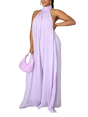 Ekaliy Women's Sexy Summer Jumpsuit Halter Neck Sleeveless Chiffon Wide Leg Long Pant Jumpsuit Romper One Piece Party Outfit Purple Small