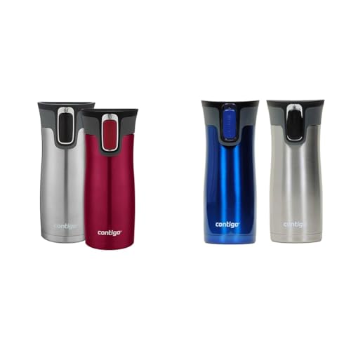 Contigo West Loop 16oz Stainless Steel Vacuum Travel Mug 2-Pack with Spill-Proof Lid, Keeps Drinks Hot up to 5 Hours and Cold up to 12 Hours, Very Berry & Steel and Monaco & Steel