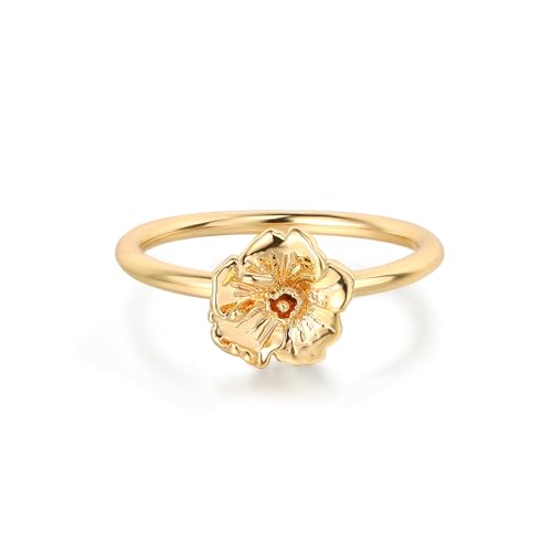 LADYGD Birth Flower Ring for Women 14K Gold Plated Floral Minimalist Stackable Finger Jewelry Birthday Gifts Poppy Size 8