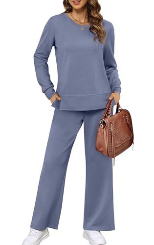 XIEERDUO Women 2 Piece Travel Outfits Fall Fashion Lounge Sets Long Sleeve Airport Tracksuit Winter Wide Leg Loungewear Sweatsuit Resort Wear Track Suit Women's Vacation Clothes Clothing Blue L