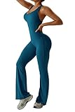 OEAK Womens Flare Jumpsuit Tummy Control Cutout Romper Workout Outfits Sleeveless Unitard Seamless One Piece Backless Bodycon Blue M