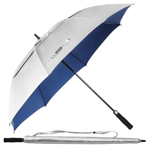 Fulynmen 68 Inch UPF50+ Sun Umbrella UV Protection UV Umbrellas for Sun Protections Windproof Large Golf Umbrella Auto Open and Vented Double Canopy Umbrellas for Rain Silver/Blue
