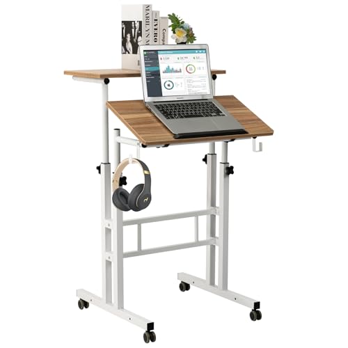 SIDUCAL Small Portable Height Adjustable Mobile Standing Desk Converter with Wheels - Rolling Desk Laptop Cart for Standing or Sitting - Vintage Oak