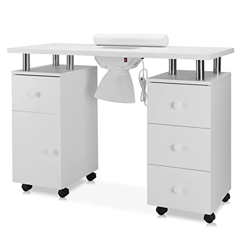 OmySalon Manicure Table Nail Desk for Nail Tech, Nail Table Beauty Salon Station w/Electric Dust Collector Acetone Resistant w/Lockable Wheel,Arm Rest