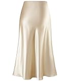 Women's Satin High Waist Hidden Elasticized Waistband Flared Casual A Line Midi Skirt (Champagne, Small)