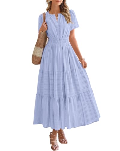 BTFBM Womens Summer 2025 Casual Midi Maxi Dresses Lightweight Short Sleeve V Neck Elastic Waist Boho Beach Dress Pockets(Light Blue, Small)