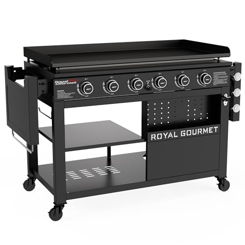 Royal Gourmet GB6000 6 Burner Propane Gas Griddle with Folding Side Tables, 44-Inch Flat Top Grill with Double-Layer Bottom Shelves for Outdoor Party or Backyard Barbecue, Black
