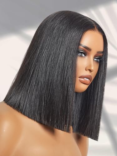 LUVME HAIR 2x6 12 Inch Short Bob Wig Sleek Max Human Hair Straight Pre Cut HD Lace Closure Wig Pre Plucked Middle Parted Glueless Bob Wig Natural Black