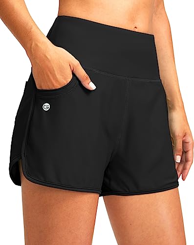 G Gradual Women's 3" High Waisted Swim Board Shorts with Pockets Quick Dry Swimsuit Bottoms Bathing Suit for Women with Liner(Black,L)