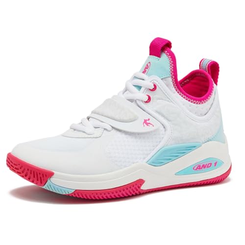 AND1 Gamma 4.0 SS Boys & Girls Basketball Shoes, Kids Youth Cool Basketball Sneakers with Strap - White/Dark Pink, 3 Little Kid