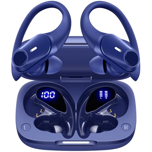GOLREX Active Noise Cancelling Ear Buds Bluetooth Headphones Wireless Earbuds with 80H Wireless Charging Case & LED Display, Over-Ear Hooks Earphones Bass Earbud for Sports Running Gym Workout Blue