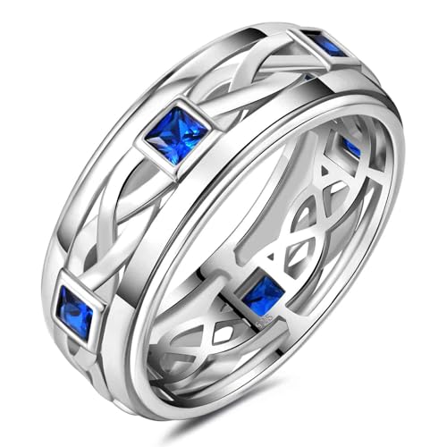 SweetJew Mens 925 Sterling Silver Wedding Band Pave Sapphire Princess Cut Blue Gemstone Engagement Ring For Him Size 12