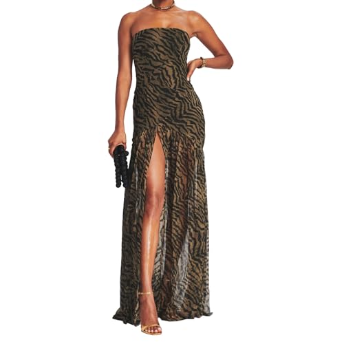 Women Tube Top Dress Tiger Stripe Mesh Patchwork Maxi Dress Strapless Sexy High Slit Long Dresses Party Clubwear (Brown,L)