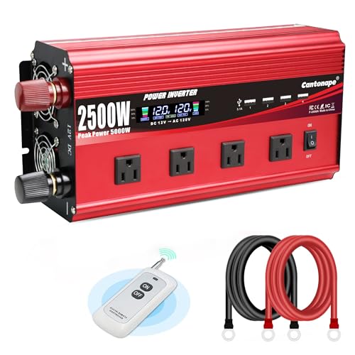 Cantonape 2500W Power Inverter 12V to 110V/120V DC to AC with LCD Display, Remote Controller 4 x AC Outlets and 4 x 3.1A USB Car Adapter for Car Truck Boat RV Solar System