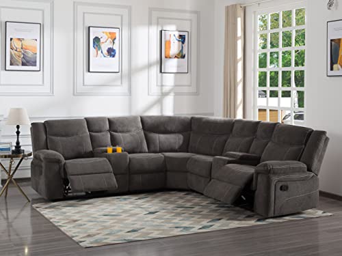 Manual Reclining Sectional Sofa with Streamlined Recline Seating, 2 Consoles with Cup Holders, 2 Recliners, Storage Included Sofa Couch for Living Room