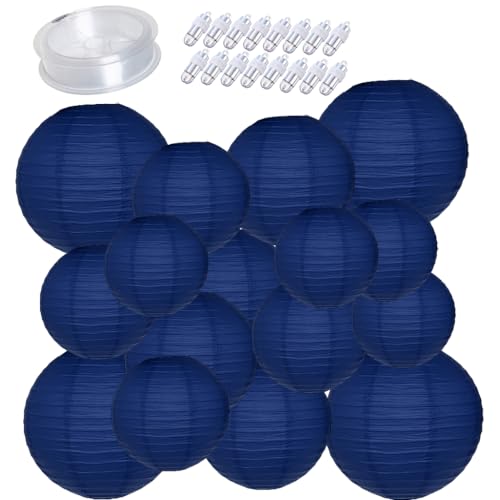 Enparez Paper Lanterns with Lights Included 16pcs 6" /8" /10" /12" Hanging Decorative Chinese Paper Lantern for Wedding Baby Shower Birthday Party Decorations - Blue