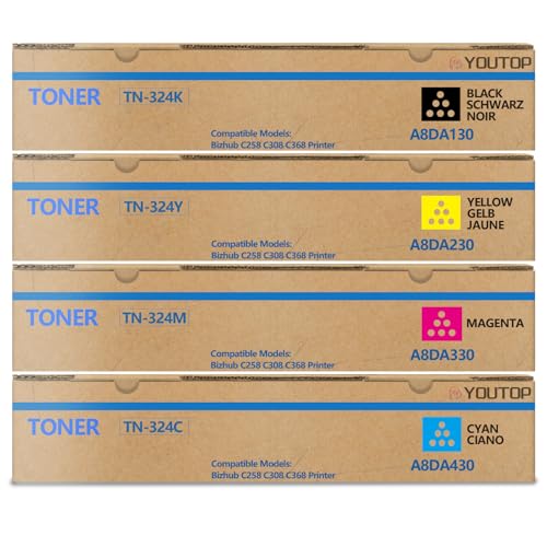 YOUTOP 4PK TN-324 TN324 Toner Cartridge Compatible for Konica Minolta bizhub C258 C308 C368 (A8DA130 A8DA430 A8DA330 A8DA230)