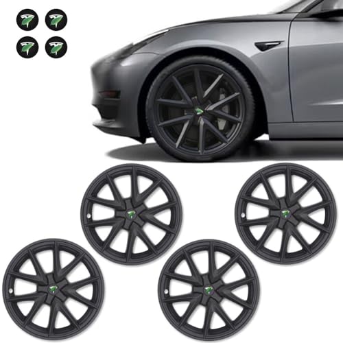 ATAIRSOFT Wheel Covers Hubcaps Fit for Tesla Model 3 2017-2023 18 Inch Hub Caps Replacement Rim Protectors Car Accessories (Matte Black 4PCS)