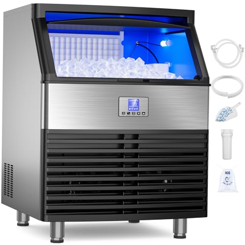 Commercial Ice Machine, 450Lbs/24H Under Counter Ice Machine, Upgrade Compressor 120LBS Storage Bin, Stainless Freestanding Commercial Ice Maker for Home Bar Cafe Office, with Water Filter and Scoop