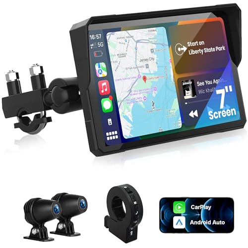 7-Inch Motorcycle CarPlay Screen with Dual 2K Dash Cam, Wireless Apple Carplay & Android Auto GPS Navigation System, IPX8 Waterproof Anti-Glare Touchscreen, Remote Control, Bluetooth, Loop Recording
