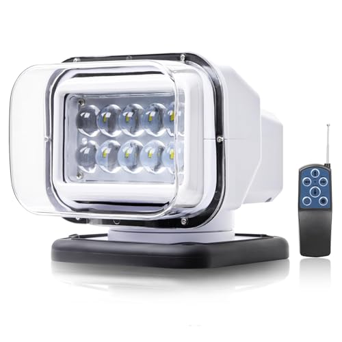 BSTLIGHTS Remote LED Search Light, 50W 5000lm LED Searchlight 360degrees Rotating 12V 24V for Boat Fire Truck Car Offroad Marine Outdoor Spotlight(-6 Strong Magnets Built-in) (Search Lights White)