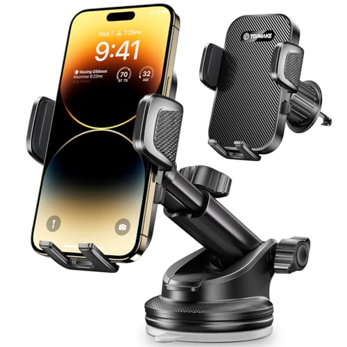 Topmake Car Phone Holder Mount,【2025 Upgrade】 3-in-1 Cell Phone Holder for Car, Dashboard Windshield, Suction Cup Hands-Free Car Phone Stand, Automobile Cradles Universal,Black