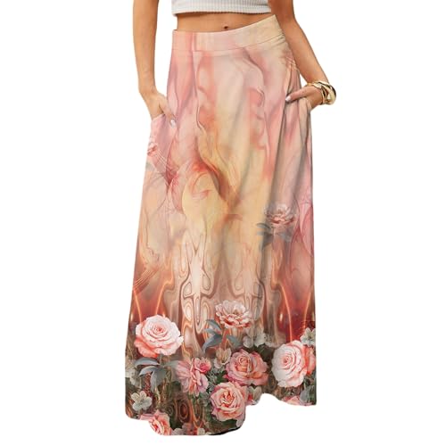 Faldas De Mujer Elegantes Midi Skirts for Women Summer High Waisted Pleated A-Line Swing Floral Long with Pockets Classic Casual Dress,Oranges M