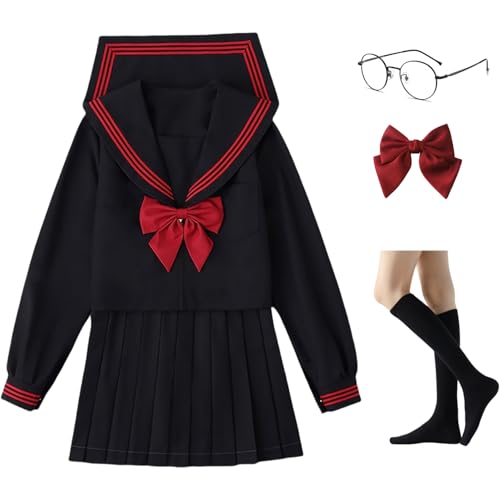 Yarawphy Women Japanese School Girl Uniform Kawaii Long Sleeve Sailor Costume Pleated Skirts Halloween Outfit Black Red M