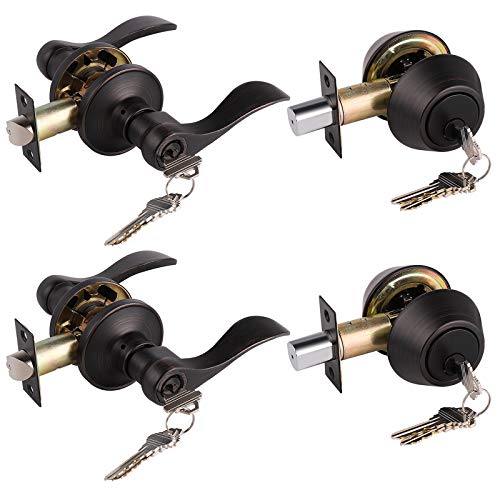 Oil Rubbed Bronze Keyed-Alike Door Levers and Double Cylinder Deadbolts Combination Locksets with Same Key,2 Pack Exterior/Entry Door Handles, Reversible for Right/Left Handed Doors